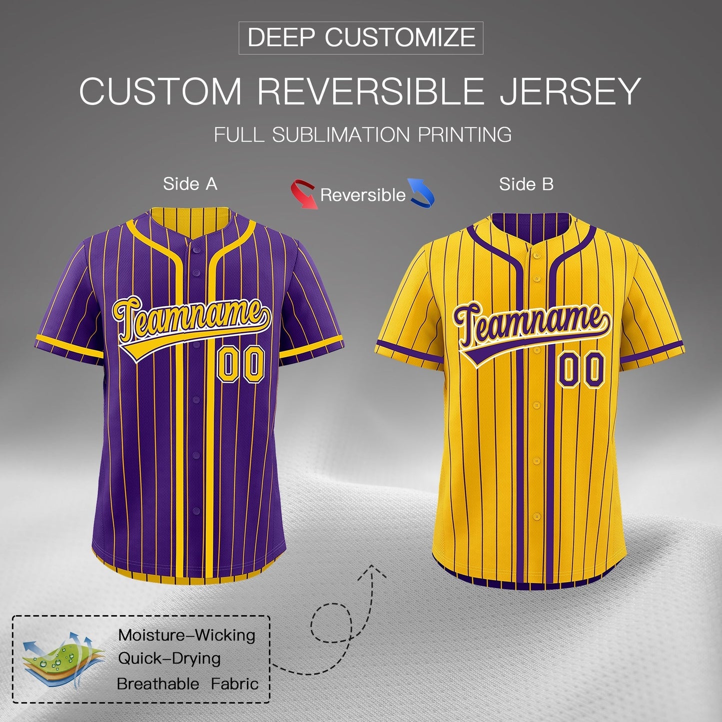 Custom Purple Yellow Reversible Baseball Jersey Stripe Fashion Game Day & Tournament Wear Lightweight