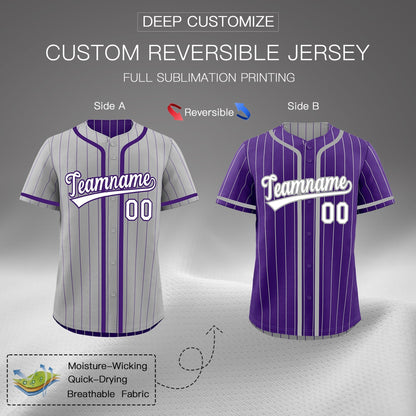 Custom Gray Purple Reversible Baseball Jersey Stripe Fashion Game Day & Tournament Wear Lightweight