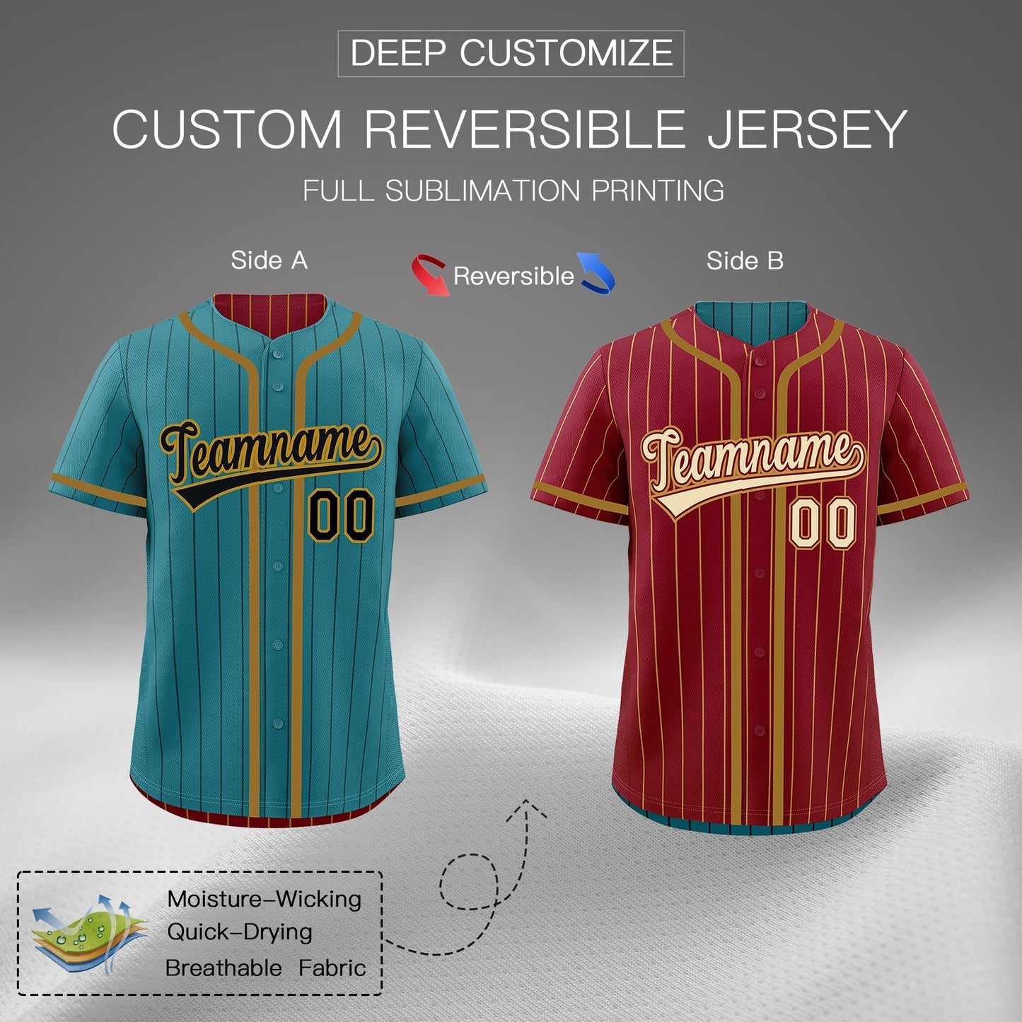 Custom Teal Crimson Reversible Baseball Jersey Stripe Fashion Game Day & Tournament Wear Breathable