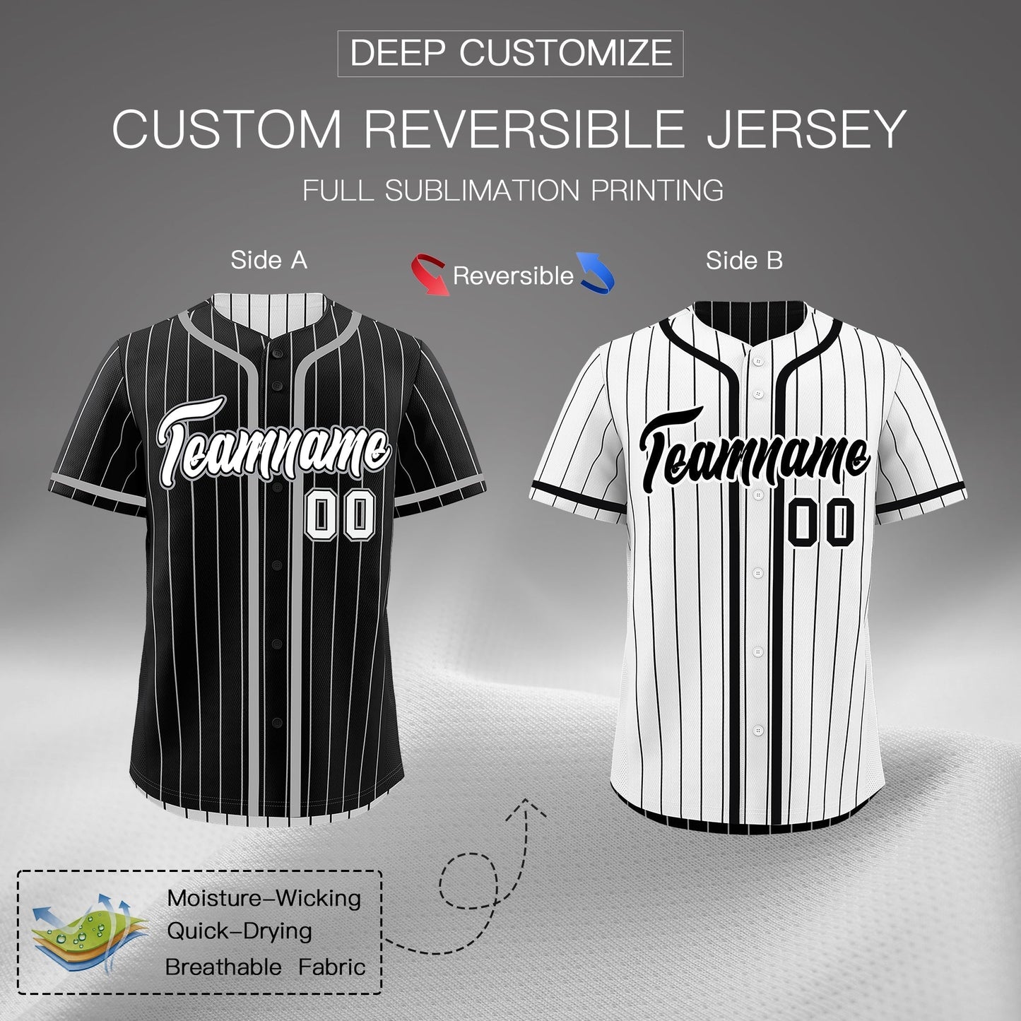 Custom Black White Reversible Baseball Jersey Stripe Fashion Game Day & Tournament Wear Lightweight