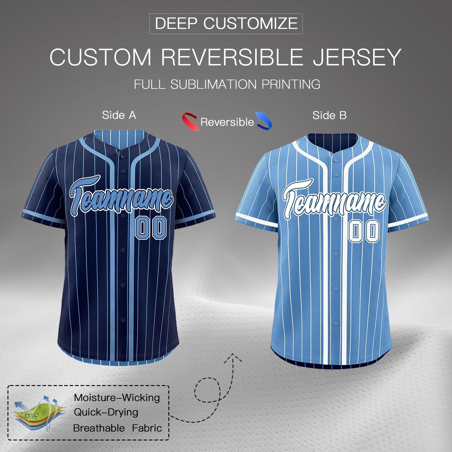 Custom Navy Light Blue Reversible Baseball Jersey Stripe Fashion Game Day & Tournament Wear Breathable