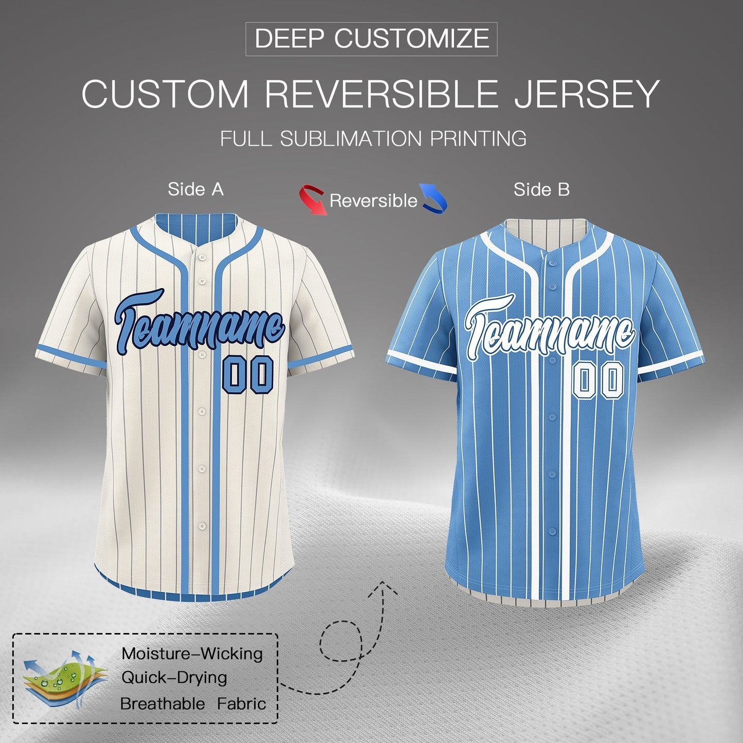 Custom Cream Light Blue Reversible Baseball Jersey Stripe Fashion Game Day & Tournament Wear Lightweight