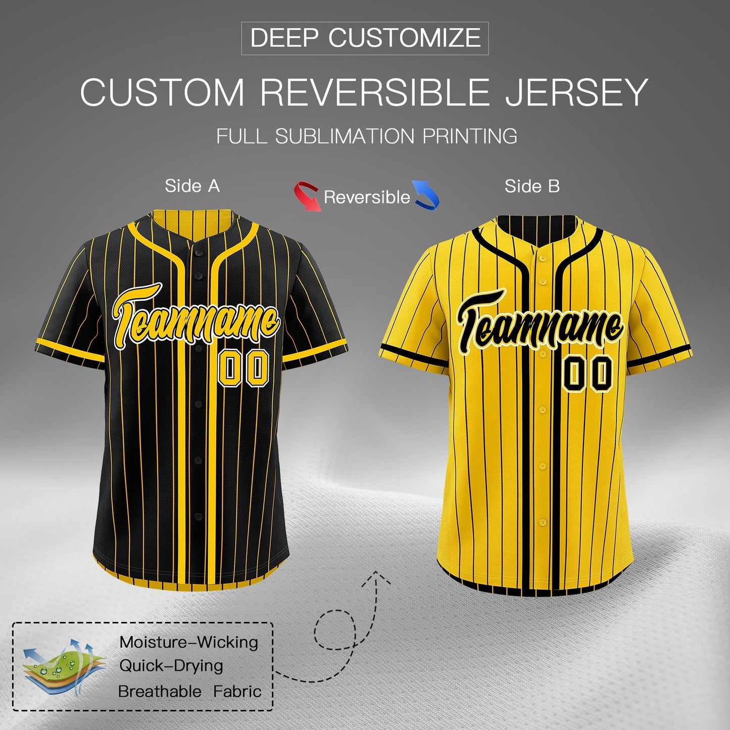 Custom Black Yellow Reversible Baseball Jersey Stripe Fashion Game Day & Tournament Wear Breathable