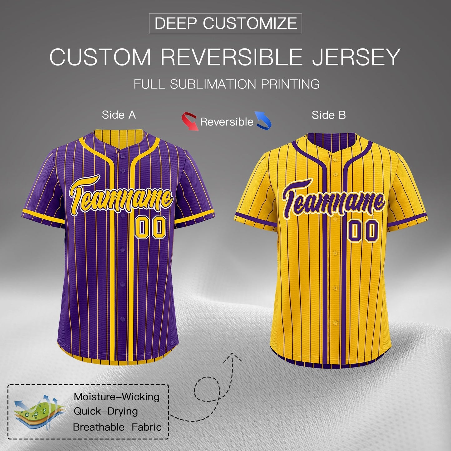 Custom Purple Yellow Reversible Baseball Jersey Stripe Fashion Game Day & Tournament Wear Lightweight