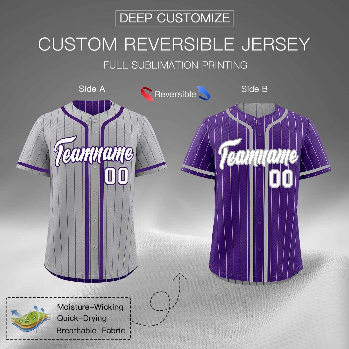 Custom Gray Purple Reversible Baseball Jersey Stripe Fashion Game Day & Tournament Wear Lightweight
