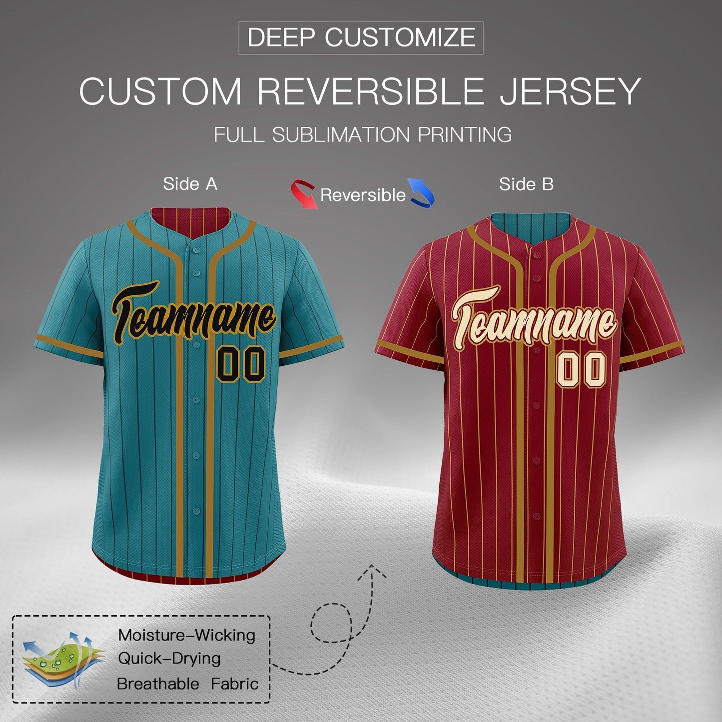 Custom Teal Crimson Reversible Baseball Jersey Stripe Fashion Game Day & Tournament Wear Breathable