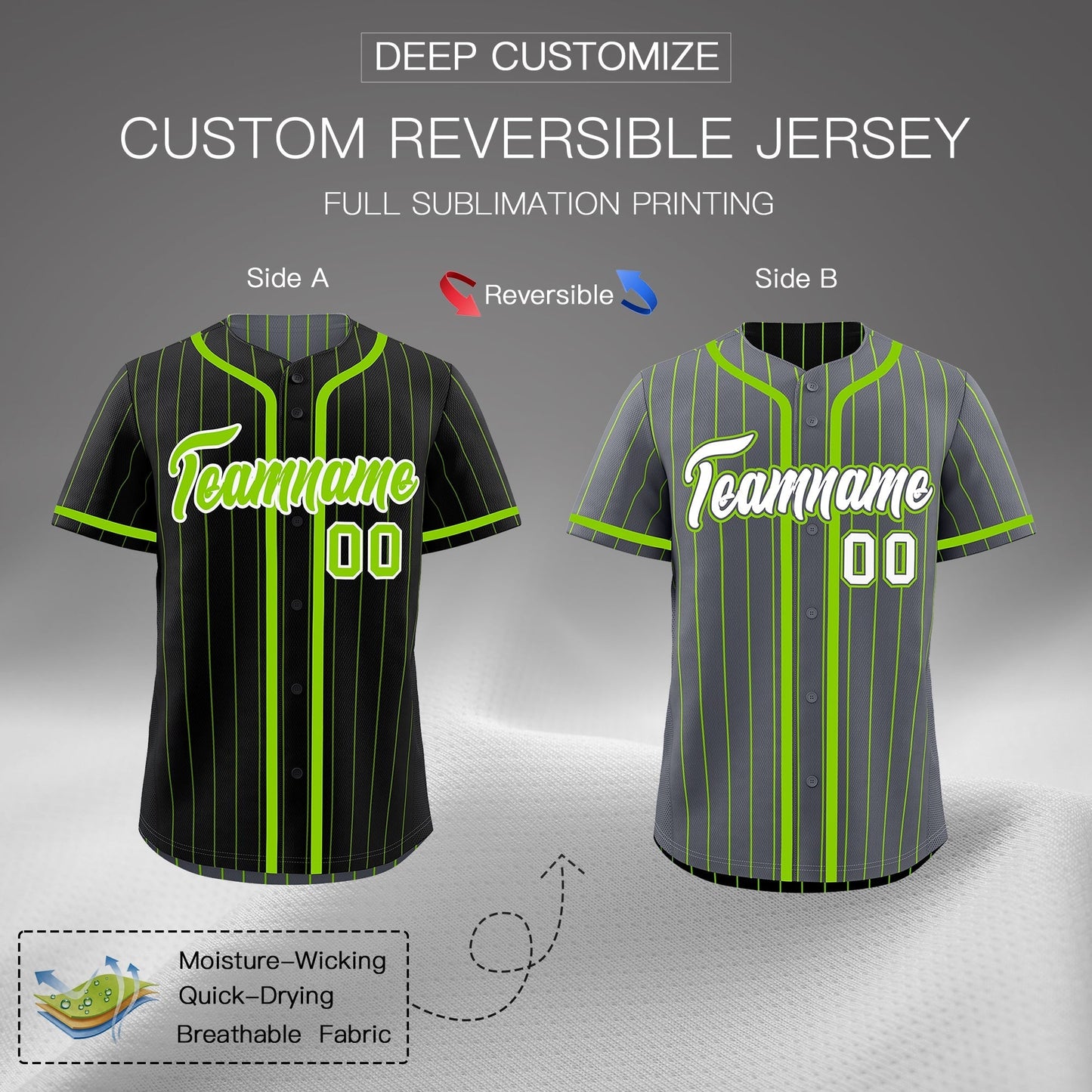 Custom Black Neon Green Reversible Baseball Jersey Stripe Fashion Game Day & Tournament Wear Lightweight