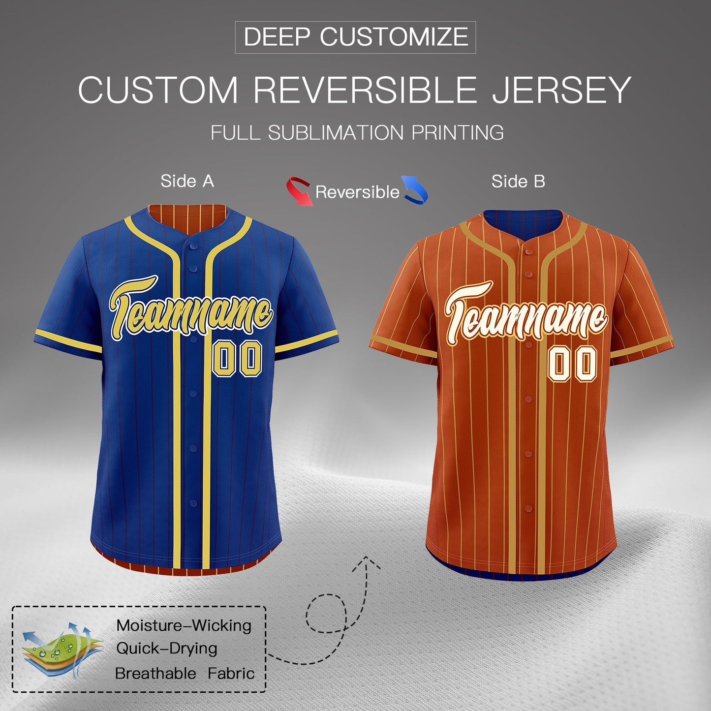 Custom Royal Blue Dark Orange Reversible Baseball Jersey Stripe Fashion Game Day & Tournament Wear Lightweight