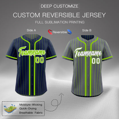 Custom Navy Neon Green Reversible Baseball Jersey Stripe Fashion Game Day & Tournament Wear Breathable