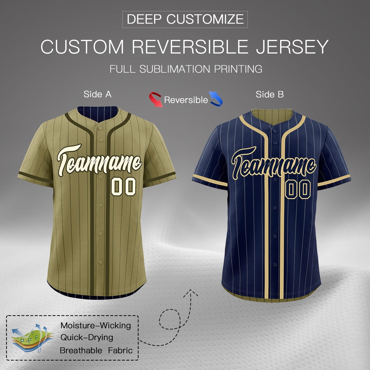 Custom Navy Olive Reversible Baseball Jersey Stripe Fashion Game Day & Tournament Wear Lightweight