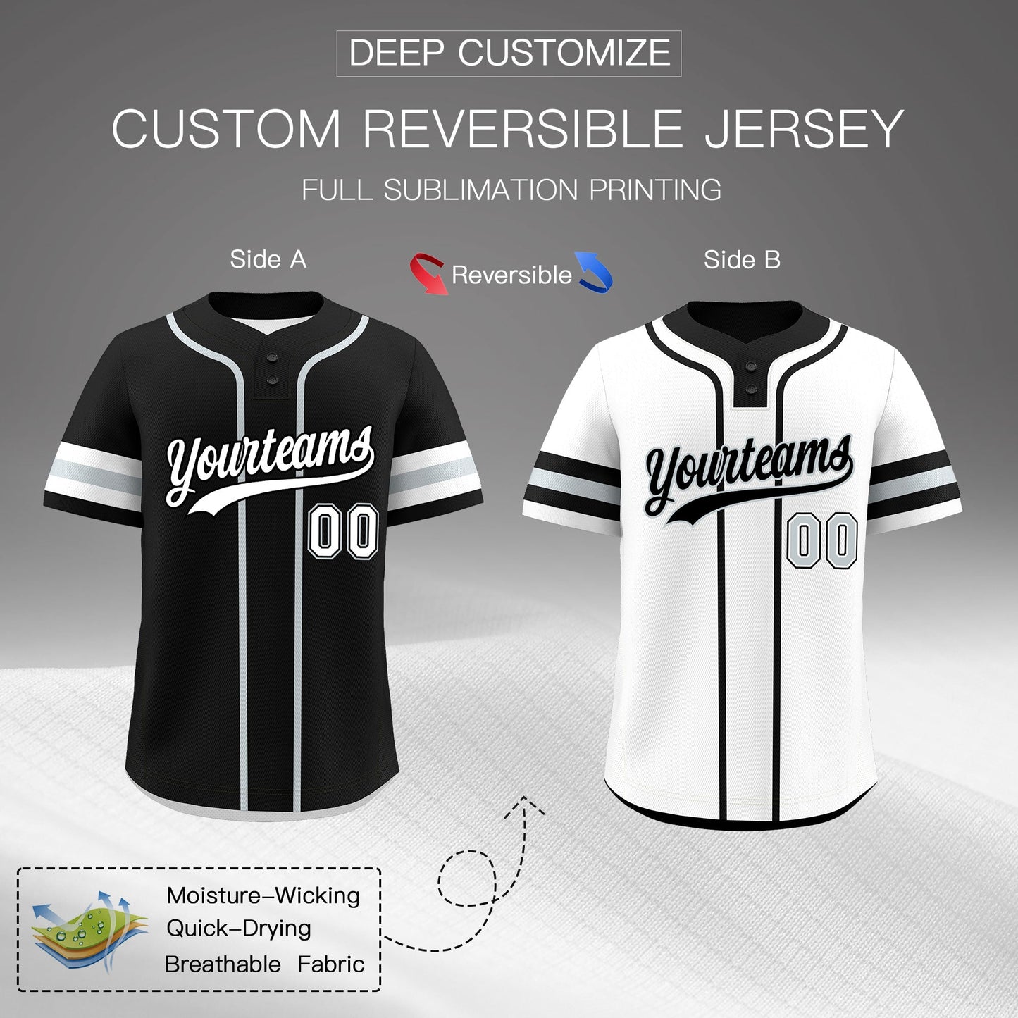 Custom White Silver Black Reversible Baseball Jersey Classic Style Two-Button Team Uniform