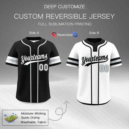Custom White Silver Black Reversible Baseball Jersey Classic Style Two-Button Team Uniform