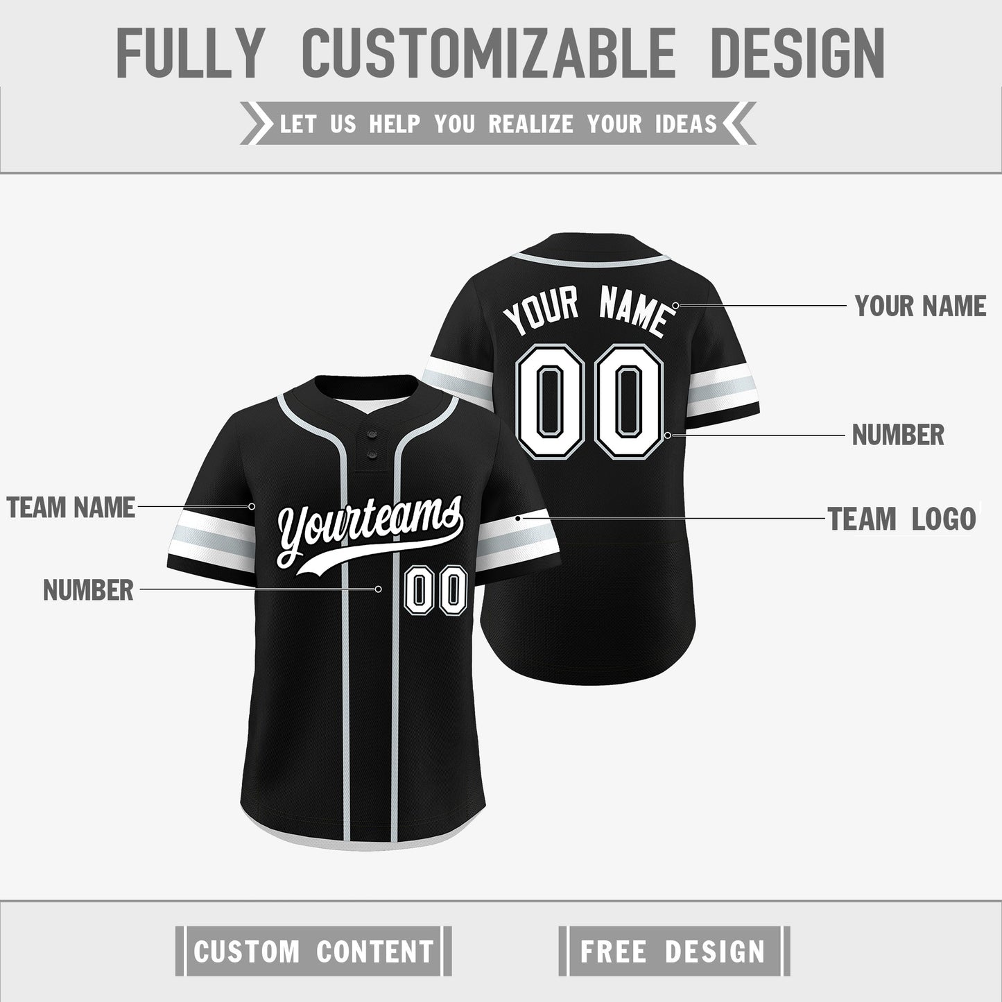 Custom White Silver Black Reversible Baseball Jersey Classic Style Two-Button Team Uniform