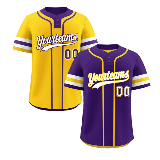 Custom White Gold Purple Reversible Baseball Jersey Classic Style Two-Button Team Uniform