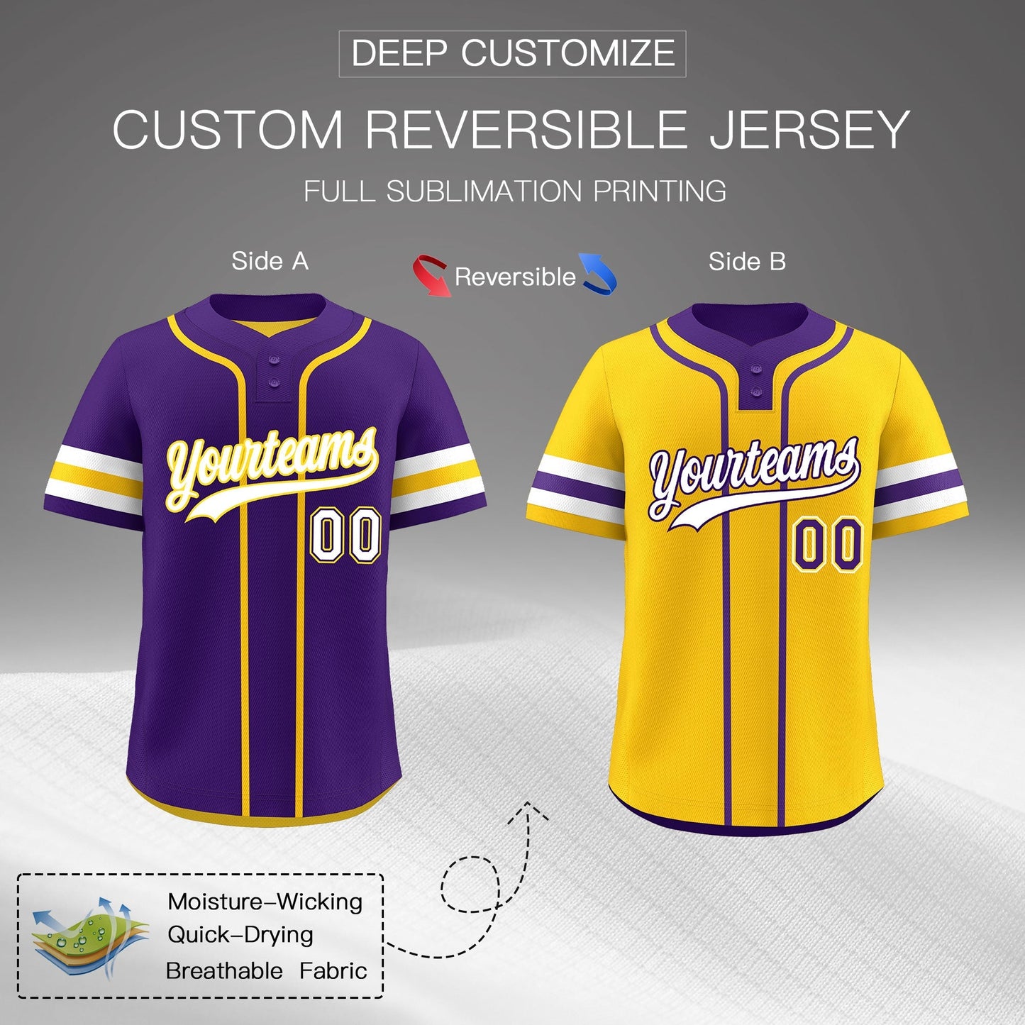 Custom White Gold Purple Reversible Baseball Jersey Classic Style Two-Button Team Uniform