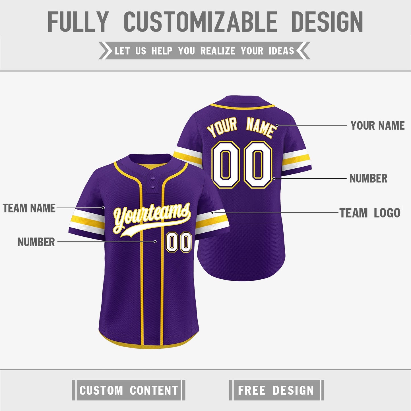 Custom White Gold Purple Reversible Baseball Jersey Classic Style Two-Button Team Uniform