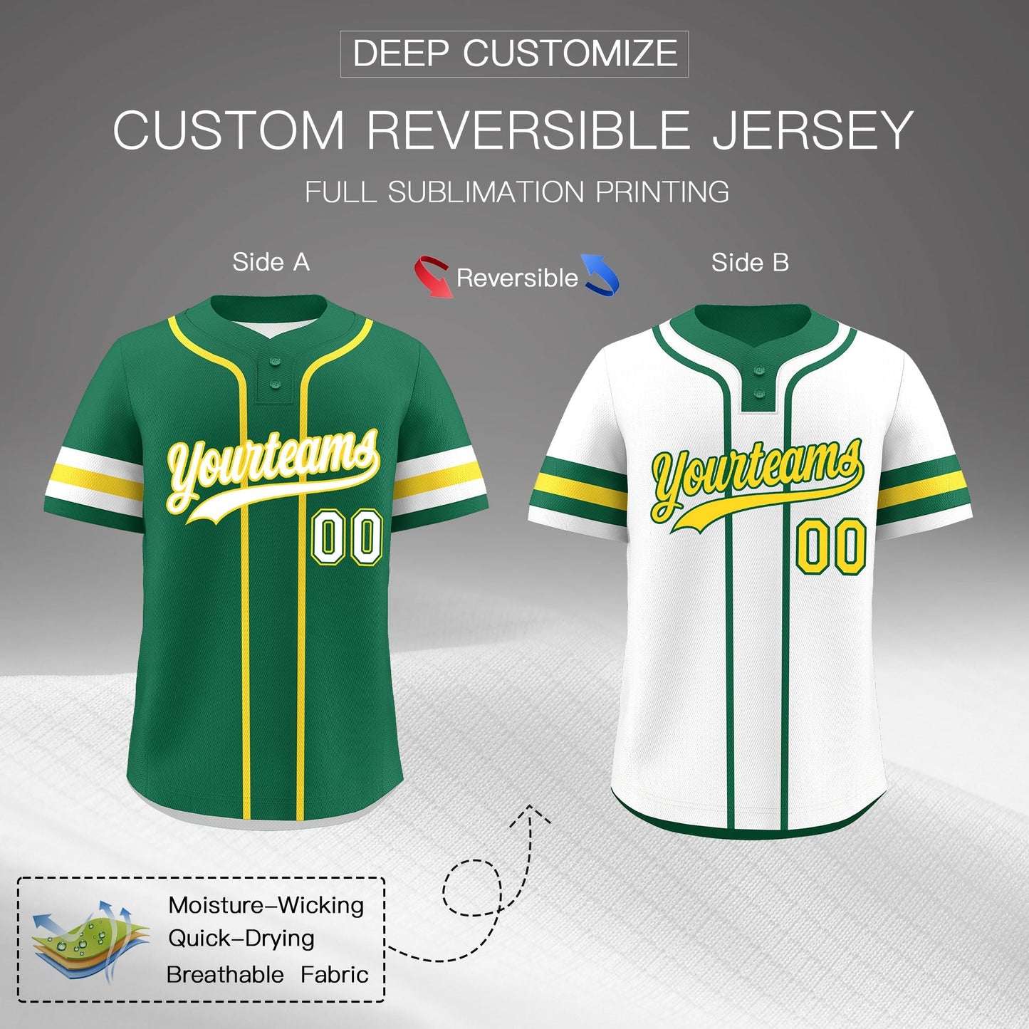 Custom White Gold Kelly Green Reversible Baseball Jersey Classic Style Two-Button Team Uniform