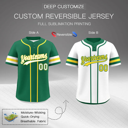 Custom White Gold Kelly Green Reversible Baseball Jersey Classic Style Two-Button Team Uniform