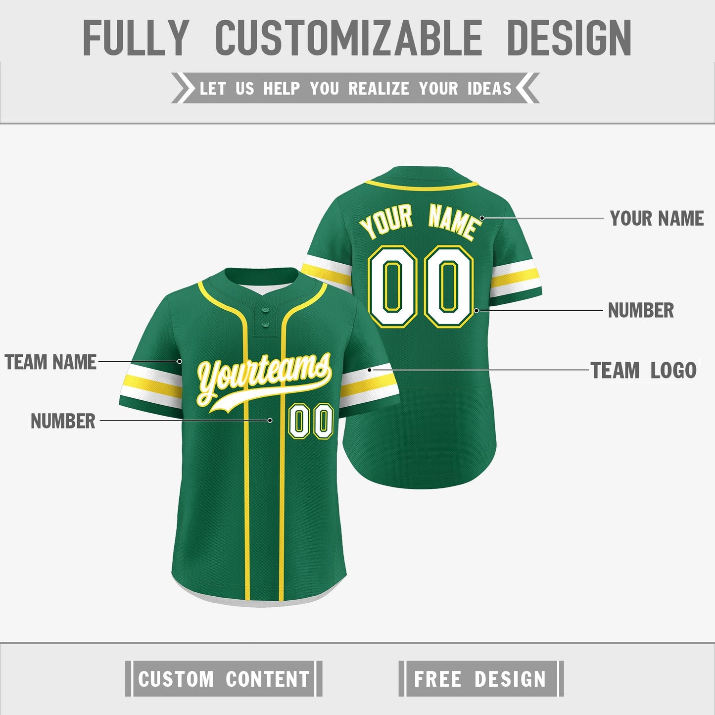 Custom White Gold Kelly Green Reversible Baseball Jersey Classic Style Two-Button Team Uniform