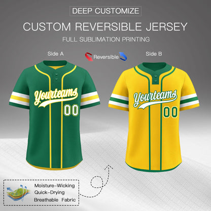 Custom White Gold Kelly Green Reversible Baseball Jersey Classic Style Two-Button Team Uniform