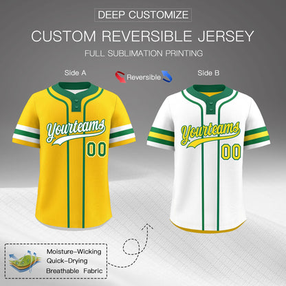 Custom White Kelly Green Gold Reversible Baseball Jersey Classic Style Two-Button Team Uniform
