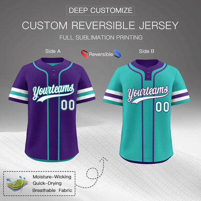 Custom White Aqua Purple Reversible Baseball Jersey Classic Style Two-Button Team Uniform