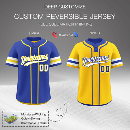 Custom White Gold Royal Blue Reversible Baseball Jersey Classic Style Two-Button Team Uniform