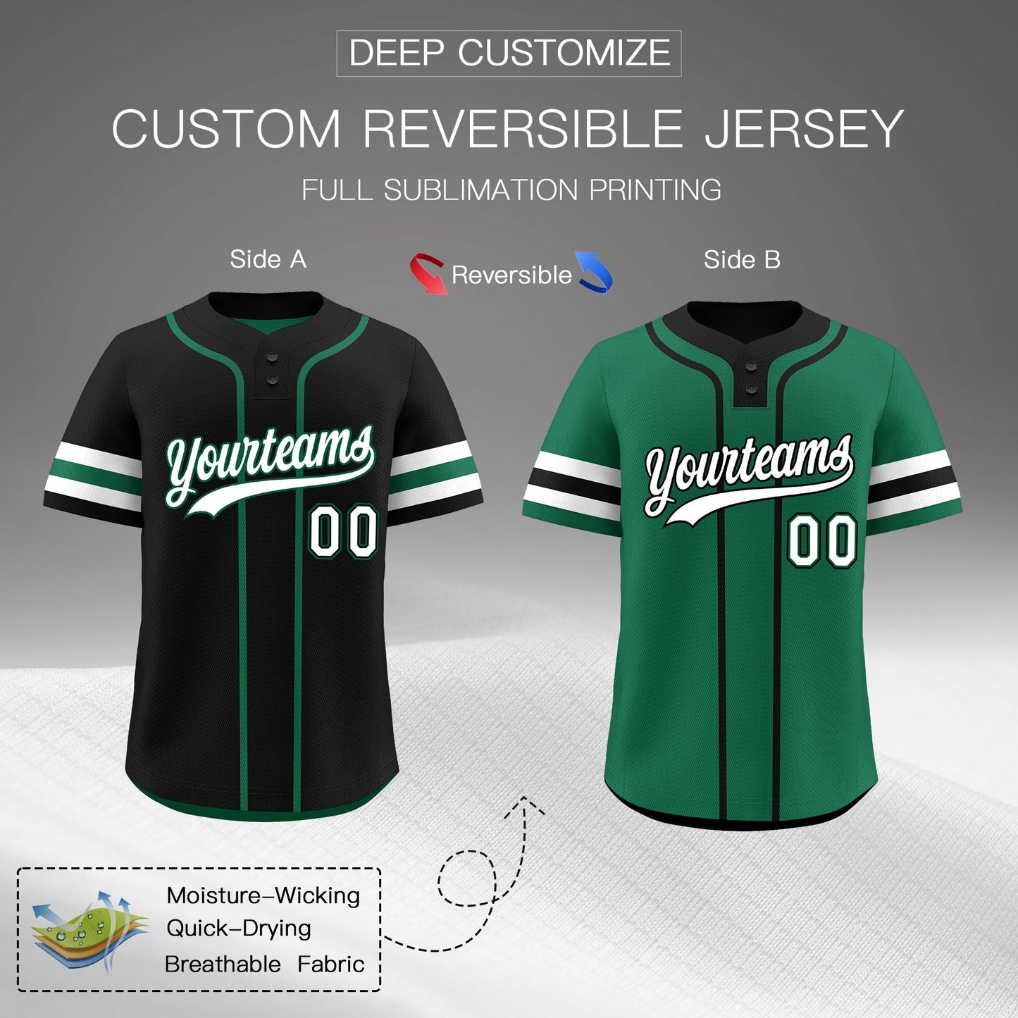 Custom White Kelly Green Black Reversible Baseball Jersey Classic Style Two-Button Team Uniform
