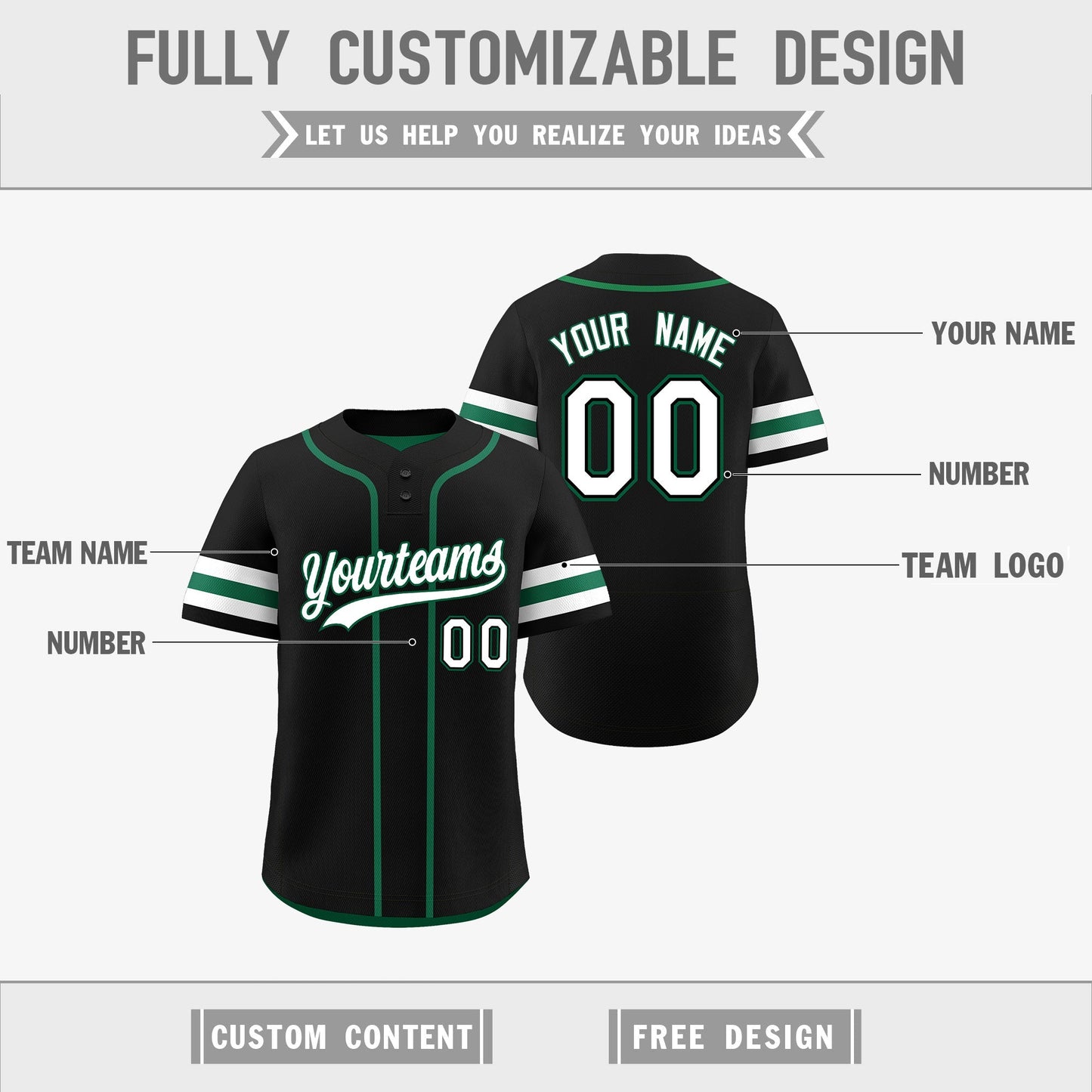 Custom White Kelly Green Black Reversible Baseball Jersey Classic Style Two-Button Team Uniform