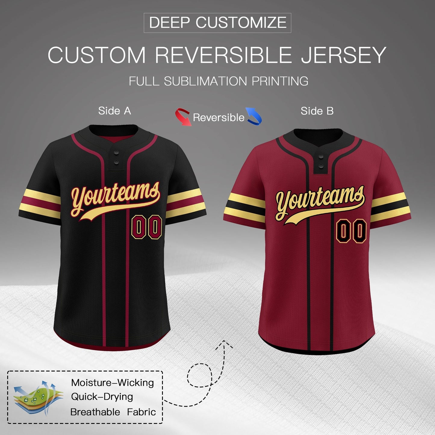 Custom Khaki Crimson Black Reversible Baseball Jersey Classic Style Two-Button Team Uniform