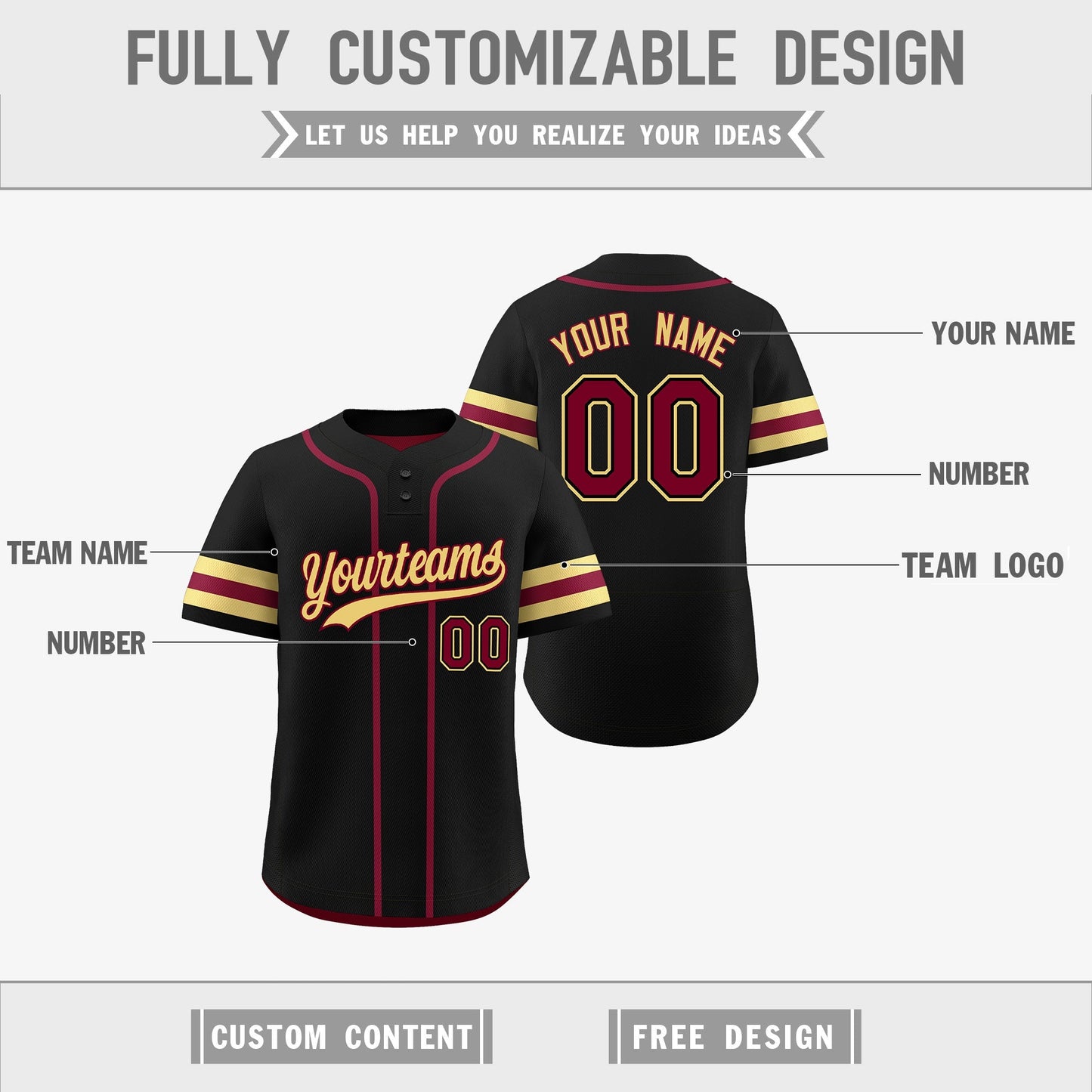Custom Khaki Crimson Black Reversible Baseball Jersey Classic Style Two-Button Team Uniform