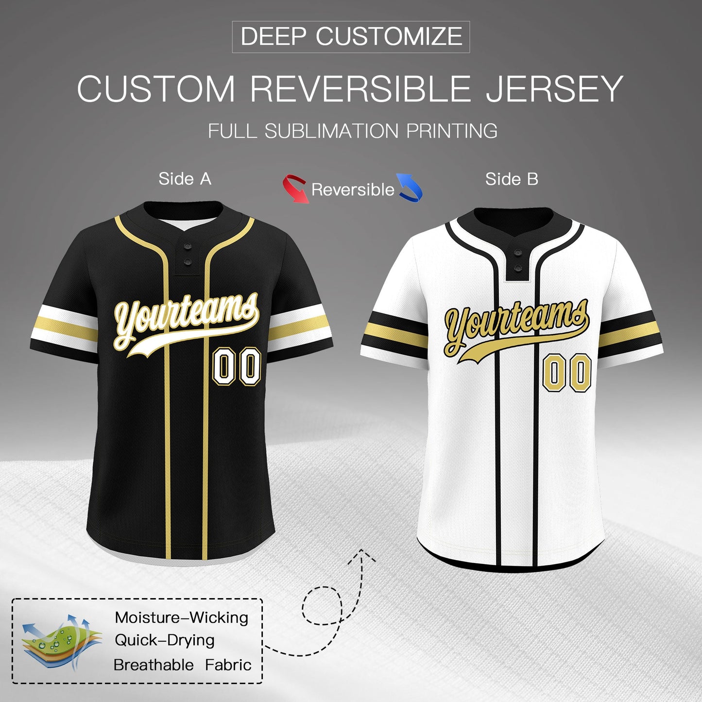 Custom White Old Gold Black Reversible Baseball Jersey Classic Style Two-Button Team Uniform
