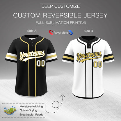 Custom White Old Gold Black Reversible Baseball Jersey Classic Style Two-Button Team Uniform