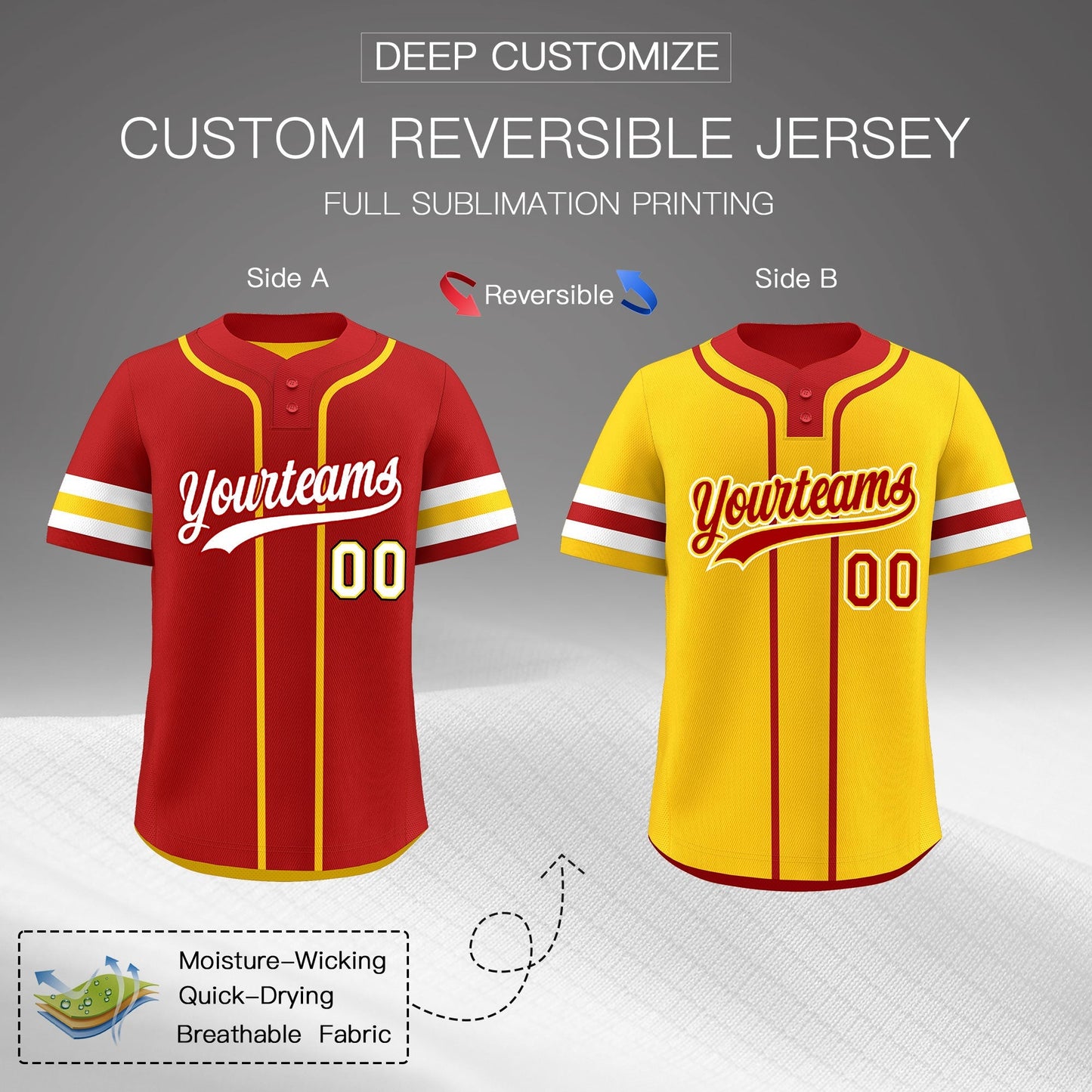 Custom White Gold Red Reversible Baseball Jersey Classic Style Two-Button Team Uniform