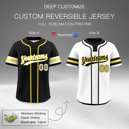 Custom White Gold Black Reversible Baseball Jersey Classic Style Two-Button Team Uniform