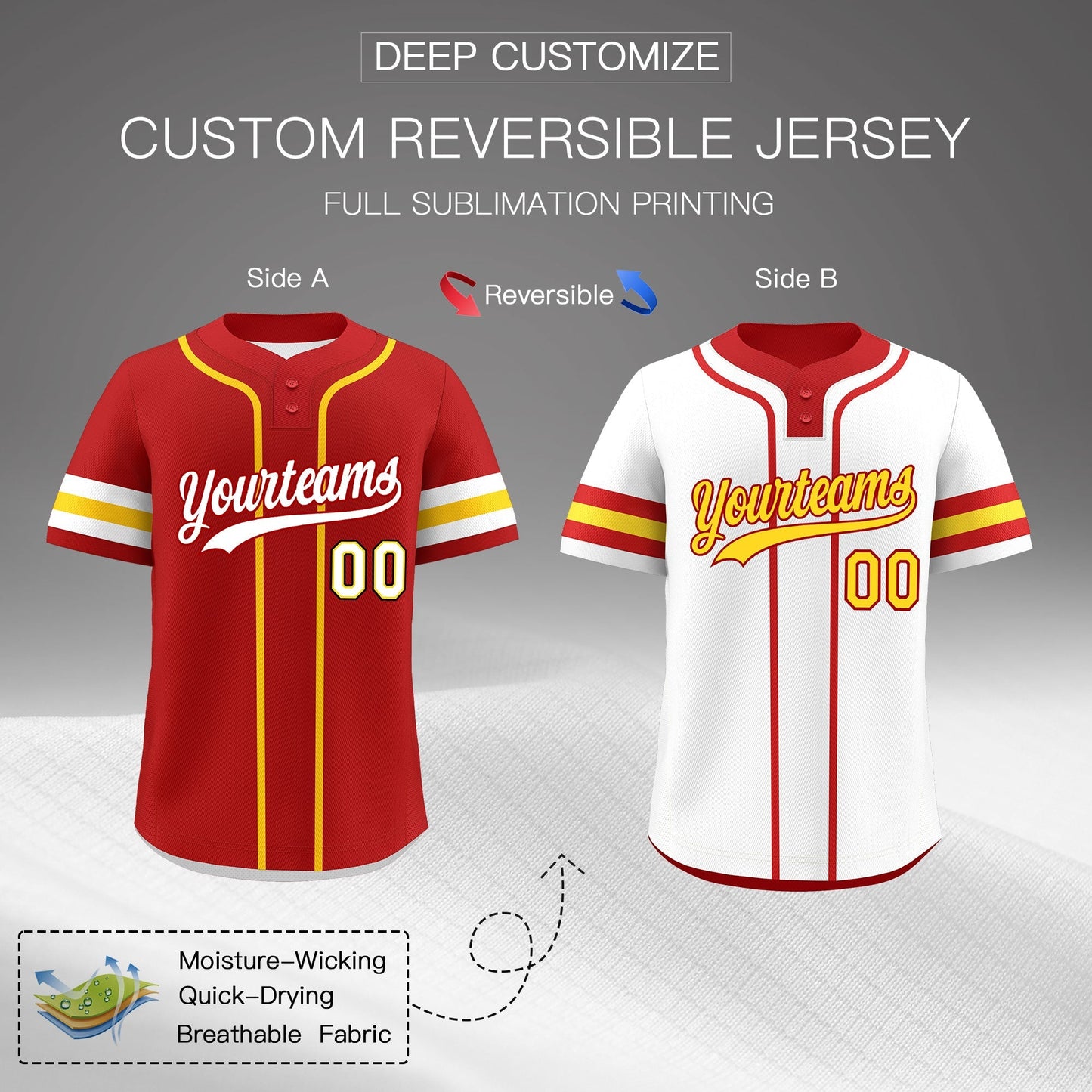 Custom White Gold Red Reversible Baseball Jersey Classic Style Two-Button Team Uniform