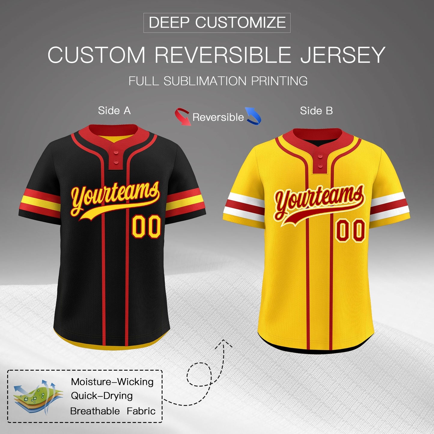 Custom Red Gold White Reversible Baseball Jersey Classic Style Two-Button Team Uniform