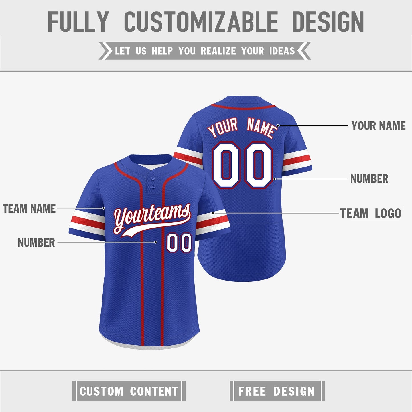 Custom White Red Royal Blue Reversible Baseball Jersey Classic Style Two-Button Team Uniform