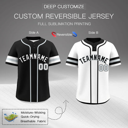Custom White Silver Black Reversible Baseball Jersey Classic Style Two-Button Team Uniform