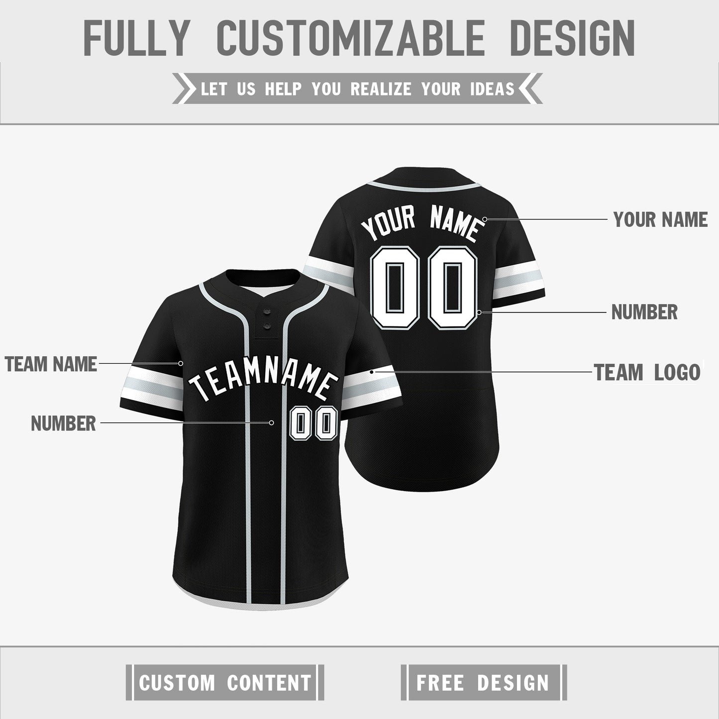 Custom White Silver Black Reversible Baseball Jersey Classic Style Two-Button Team Uniform