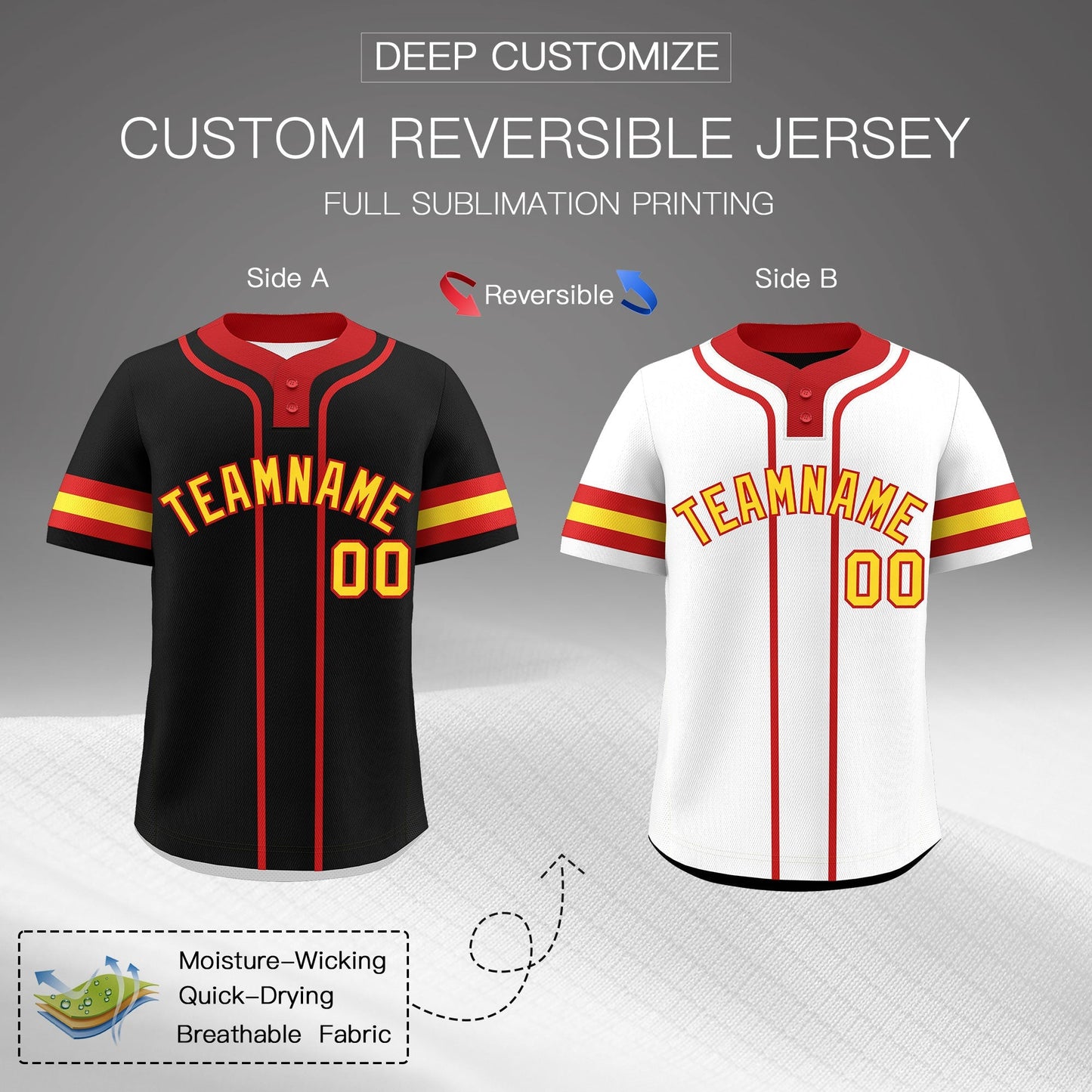 Custom Red Gold Reversible Baseball Jersey Classic Style Two-Button Team Uniform