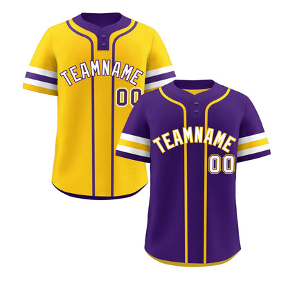 Custom White Gold Purple Reversible Baseball Jersey Classic Style Two-Button Team Uniform