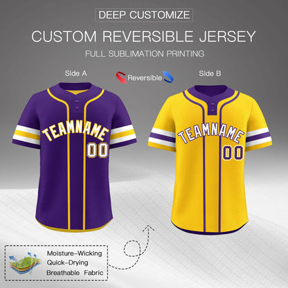 Custom White Gold Purple Reversible Baseball Jersey Classic Style Two-Button Team Uniform