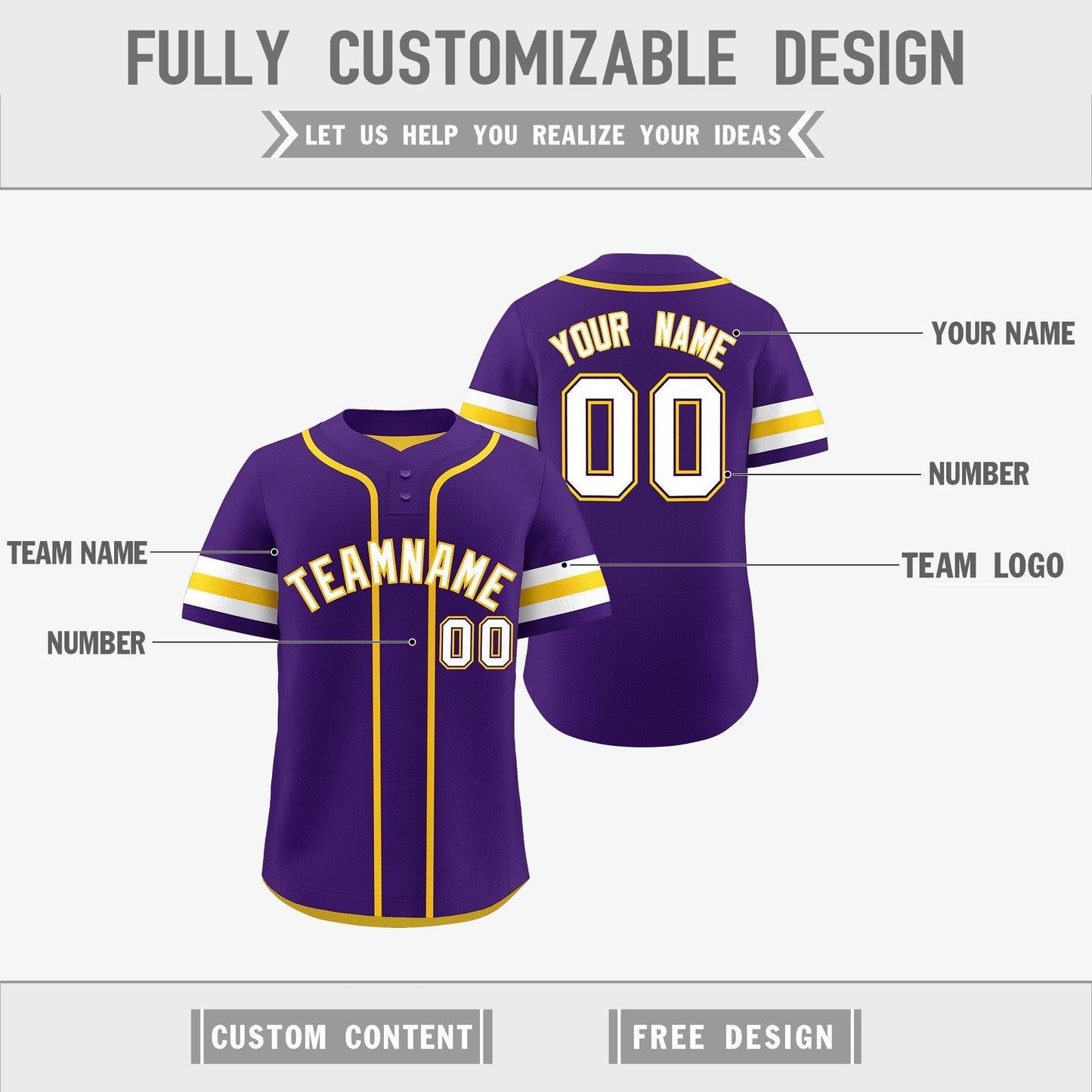 Custom White Gold Purple Reversible Baseball Jersey Classic Style Two-Button Team Uniform
