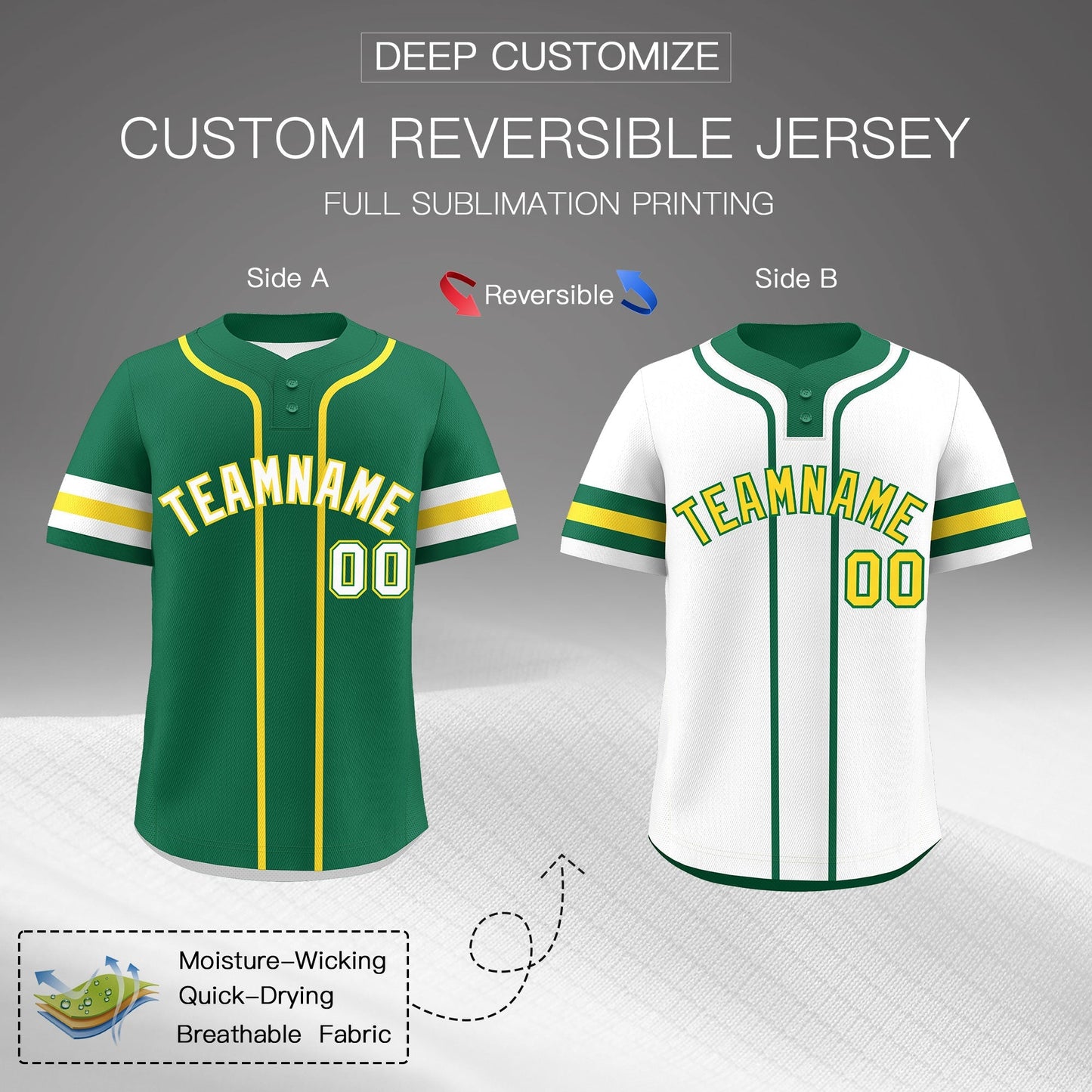 Custom White Gold Kelly Green Reversible Baseball Jersey Classic Style Two-Button Team Uniform