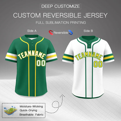 Custom White Gold Kelly Green Reversible Baseball Jersey Classic Style Two-Button Team Uniform