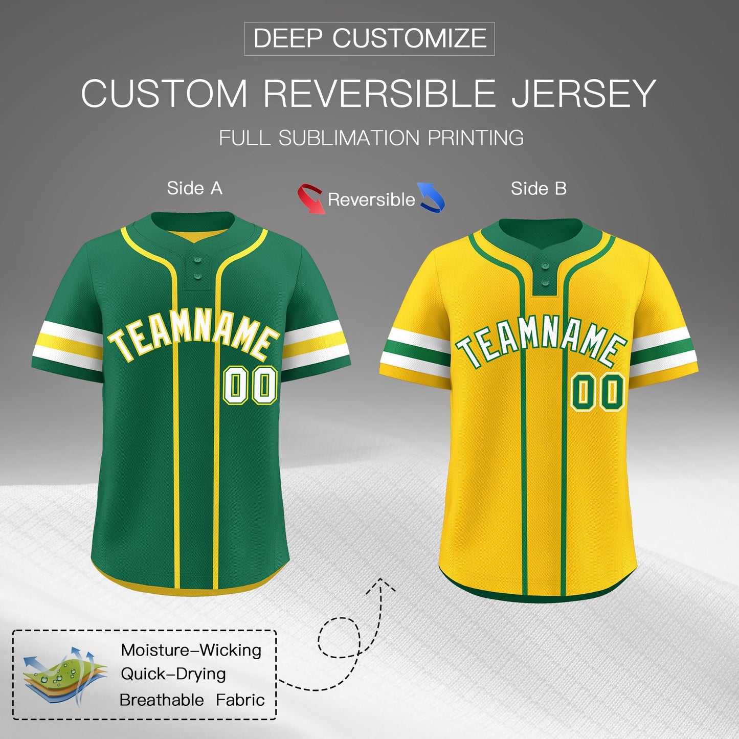 Custom White Gold Kelly Green Reversible Baseball Jersey Classic Style Two-Button Team Uniform