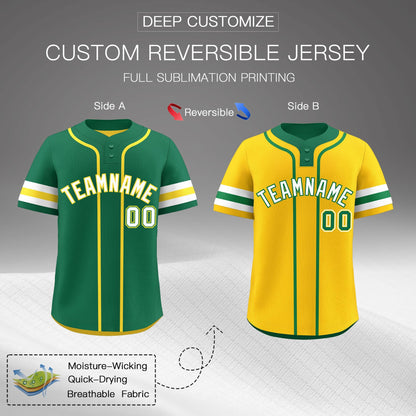 Custom White Gold Kelly Green Reversible Baseball Jersey Classic Style Two-Button Team Uniform