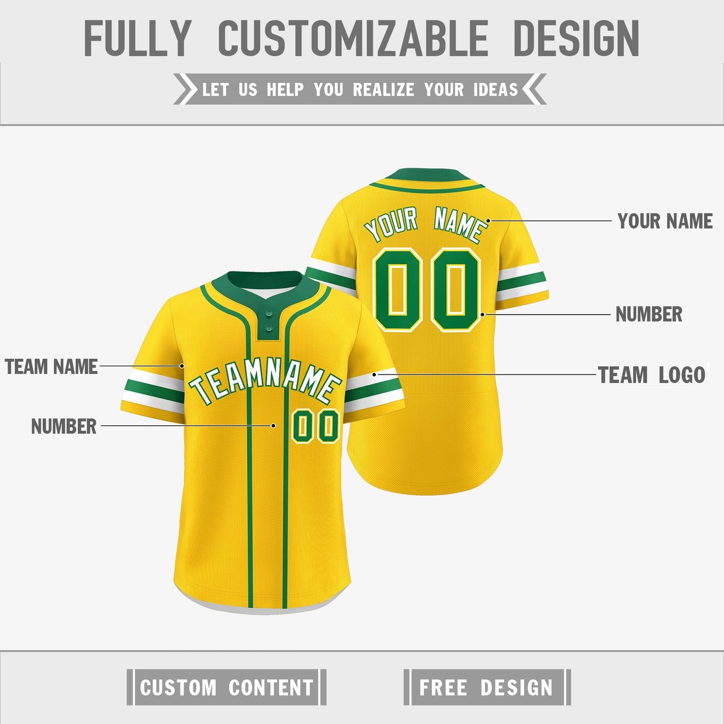Custom White Kelly Green Gold Reversible Baseball Jersey Classic Style Two-Button Team Uniform