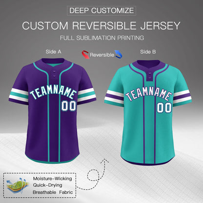Custom White Aqua Purple Reversible Baseball Jersey Classic Style Two-Button Team Uniform